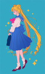 1girl absurdres bishoujo_senshi_sailor_moon black_footwear blonde_hair blue_sailor_collar blue_skirt bow double_bun closed_eyes hair_bun highres juuban_middle_school_uniform kisumi_rei long_hair long_sleeves mary_janes pleated_skirt red_bow sailor_collar school_uniform serafuku shirt shoes skirt socks solo tsukino_usagi twintails very_long_hair white_shirt