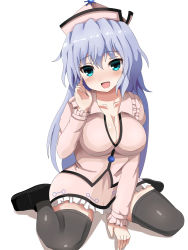 Rule 34 | 1girl, aqua eyes, between legs, black thighhighs, blouse, blue hair, blush, breasts, cleavage, guard vent jun, hand between legs, hand on own face, hat, highres, large breasts, long hair, looking at viewer, merlin prismriver, aged up, open mouth, shirt, shoes, simple background, sitting, skirt, skirt set, solo, thighhighs, touhou, wariza, white background, zettai ryouiki