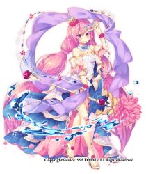 Rule 34 | 1girl, bare legs, bow, closed mouth, crown, detached collar, flower, flower knight girl, frills, full body, gem, hasu (flower knight girl), high heels, holding, holding staff, long hair, looking at viewer, mask, unworn mask, morinaga kobato, official art, pink hair, pink skirt, purple eyes, shawl, shoes, simple background, skirt, smile, solo, staff, standing, twintails, white background, yellow bow