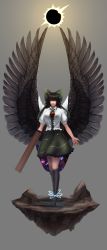 Rule 34 | 1girl, absurdres, arm cannon, backlighting, black hair, black socks, black wings, bow, breasts, eclipse, floating rock, galaxy, green skirt, grey background, hair bow, highres, kneehighs, large breasts, large wings, lips, looking at viewer, minami koyogi, nose, open hand, outstretched arms, red eyes, reiuji utsuho, shoes, short sleeves, simple background, skirt, socks, solar eclipse, solo, space, standing, third eye, touhou, weapon, wings