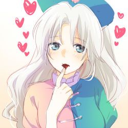 Rule 34 | 1girl, blue eyes, blush, breasts, chocolate, food, food on face, hat, heart, long hair, looking at viewer, machiko (beard), nurse cap, puffy sleeves, silver hair, simple background, sketch, solo, touhou, white background, yagokoro eirin