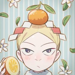 Rule 34 | 1boy, blonde hair, blue background, blush, closed mouth, commentary request, daida, falling leaves, flower, food, food on head, fruit, fruit on head, grey eyes, holding, leaf, looking up, male focus, nikomi (nikomix), object on head, orange (fruit), ousama ranking, parted bangs, portrait, short hair, solo, white flower