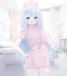 Rule 34 | 1girl, ahoge, amatsuka uto, bed, blue eyes, blurry, blurry background, breasts, chestnut mouth, commentary, curtains, depth of field, deyui, dress, english commentary, hair ornament, hairclip, hand on own hip, hat, highres, holding, holding syringe, hospital bed, indie virtual youtuber, indoors, long hair, looking at viewer, nurse, nurse cap, parted lips, pink dress, pink hat, puffy short sleeves, puffy sleeves, short sleeves, silver hair, small breasts, solo, syringe, two side up, very long hair, virtual youtuber, window, wing hair ornament