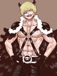 Rule 34 | 1boy, abs, alternate costume, bare pectorals, black pants, blonde hair, chest harness, cigarette, commentary request, donquixote rocinante, feet out of frame, harness, horns, makeup, male focus, muscular, muscular male, navel, one piece, pants, pectorals, short hair, skull, solo, toyoura (23066494)