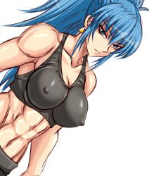 Rule 34 | 1girl, abs, blue eyes, blue hair, breasts, dutch angle, earrings, covered erect nipples, impossible clothes, jewelry, large breasts, leona heidern, long hair, looking at viewer, matching hair/eyes, midriff, muscular, muscular female, navel, ponytail, solo, tank top, taroimo (00120014), the king of fighters, toned, tsurime, upper body