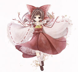 Rule 34 | 1girl, :&gt;, ascot, bow, brown eyes, brown hair, detached sleeves, edo., embellished costume, female focus, frilled sleeves, frills, full body, hair bow, hair tubes, hakurei reimu, lace, loafers, ofuda, petticoat, shoes, simple background, socks, solo, touhou, white background, white socks, wide sleeves, wrist cuffs