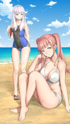 Rule 34 | 2girls, absurdres, amiba (nerdamiba), barefoot, beach, bikini, blue sky, book, breasts, cleavage, closed mouth, cloud, covered navel, day, feet, female focus, fire emblem, fire emblem: three houses, front-tie bikini top, front-tie top, highres, hilda valentine goneril, holding, holding book, knees up, large breasts, long hair, lysithea von ordelia, matching hair/eyes, multiple girls, nintendo, one-piece swimsuit, outdoors, pink eyes, pink hair, sandals, sitting, sky, smile, swimsuit, thighs, toes, twintails, underboob, water, white bikini, white hair