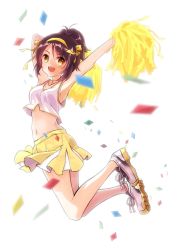 Rule 34 | 1girl, alternate hairstyle, armpits, arms up, bob cut, breasts, brown eyes, brown hair, cheerleader, commentary request, confetti, full body, hair ribbon, hairband, holding, holding pom poms, jumping, medium breasts, nanabuluku, navel, official alternate hairstyle, open mouth, pleated skirt, pom pom (cheerleading), pom poms, ponytail, ribbon, shirt, shoes, short hair, simple background, skirt, sleeveless, sleeveless shirt, smile, sneakers, solo, suzumiya haruhi, suzumiya haruhi no yuuutsu, white background, white footwear, white shirt, yellow hairband, yellow ribbon, yellow skirt