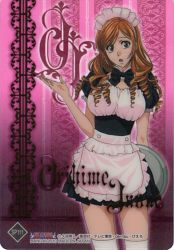 Rule 34 | 10s, 1girl, 2010, absurdres, apron, bleach, breasts, character name, cosplay, dated, hairband, highres, inoue orihime, jpeg artifacts, large breasts, legs, long hair, maid, maid apron, maid headdress, official art, orange hair, scan, scan artifacts, solo, thighhighs, thighs, waist apron