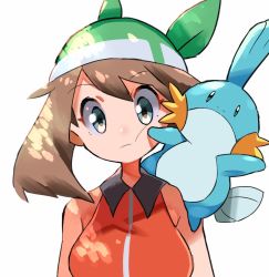 Rule 34 | 1girl, aqua eyes, bandana, bare arms, breasts, brown hair, closed mouth, commentary request, creatures (company), expressionless, game freak, gen 3 pokemon, green bandana, hyou (hyouga617), looking at viewer, may (pokemon), mudkip, nintendo, on shoulder, pokemon, pokemon (creature), pokemon emerald, pokemon on shoulder, pokemon rse, sleeveless, upper body, white background