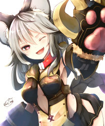 Rule 34 | 10s, 1girl, ;d, animal ear fluff, animal ears, animal hands, black shirt, cat ears, cat paws, chita (ketchup), claw (weapon), cleavage cutout, clothing cutout, erune, fang, gloves, granblue fantasy, hair between eyes, highres, long hair, microskirt, midriff, one eye closed, open mouth, paw gloves, red eyes, sen (granblue fantasy), shirt, side cutout, simple background, skirt, slit pupils, smile, solo, twitter username, weapon, white background