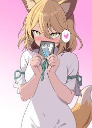 Rule 34 | 1girl, ability card (touhou), absurdres, animal ears, blonde hair, blush, breasts, card, commentary request, covered mouth, covered navel, embarrassed, fox ears, fox girl, fox tail, gradient background, green ribbon, grey background, hair between eyes, heart, heart print, highres, holding, holding card, kudamaki tsukasa, looking at viewer, mandarin collar, medium breasts, medium hair, nara (gsx250r anzio), nose blush, pink background, ribbon, romper, short sleeves, shy, simple background, solo, spoken heart, tail, touhou, tsurime, upper body, upturned eyes, white romper, yellow eyes