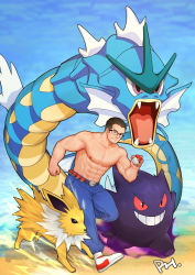 Rule 34 | 1boy, abs, absurdres, bara, blue sky, bulge, closed mouth, commentary, commission, creatures (company), day, denim, electricity, english commentary, facial hair, fangs, floating, full body, game freak, gen 1 pokemon, gengar, giant, grin, gyarados, highres, holding, holding poke ball, jeans, jolteon, large pectorals, male focus, muscular, muscular male, navel, nintendo, nipples, original, pants, pectorals, peterhl, poke ball, poke ball (basic), pokemon, pokemon (creature), running, topless male, shoes, short hair, sideburns, sky, smile, sneakers, stubble, teeth, thighs