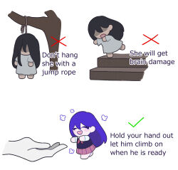 Rule 34 | 1girl, black hair, black sweater vest, checkmark, chibi, closed eyes, disembodied hand, english text, falling, hanged, how to hold x (meme), long hair, looking at viewer, mari (faraway) (omori), mari (omori), maromichan, meme, mini person, neckerchief, noose, omori, open mouth, pink skirt, pleated skirt, purple hair, red neckerchief, shirt, short sleeves, skirt, smile, suicide, sweater vest, white shirt, x