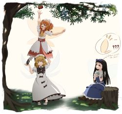 Rule 34 | 3girls, ?, apple, apple tree, arm up, black bow, black footwear, black hair, blonde hair, blue eyes, bow, branch, brown footwear, dress, english text, esthoric, fairy wings, food, fruit, grass, green eyes, highres, leaf, lifting person, luna child, multiple girls, orange eyes, orange hair, outstretched arm, red dress, shoes, sitting, sitting on tree stump, star sapphire, struggling, sunny milk, touhou, touhou sangetsusei, tree, tree shade, tree stump, twintails, white dress, white footwear, wings, yellow bow