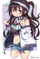 Rule 34 | 1girl, bad id, bad twitter id, blush, brown eyes, brown hair, clothes writing, crop top, cropped legs, denim, denim shorts, earrings, grin, hair between eyes, hat, highres, holding, idolmaster, idolmaster cinderella girls, jacket, jewelry, korean commentary, long sleeves, looking at viewer, mg pong, mole, mole under eye, navel, off shoulder, short shorts, shorts, simple background, smile, solo, sunazuka akira, twitter username, two-tone background, two side up, visor cap, w, white hat
