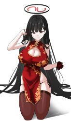 Rule 34 | 1girl, absurdres, black hair, black panties, blue archive, breasts, brown thighhighs, china dress, chinese clothes, cleavage, closed mouth, dori (choejeongmin7), dress, embarrassed, gloves, hair ornament, hairpin, halo, highres, large breasts, long hair, looking at viewer, panties, red dress, red eyes, red gloves, rio (blue archive), simple background, sleeveless, sleeveless dress, solo, thighhighs, underwear, white background