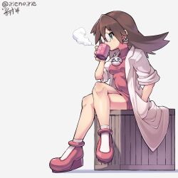 Rule 34 | absurdres, bare legs, box, breasts, brown hair, coat, covered navel, cup, dress, drinking, earrings, glasses, green eyes, highres, irie keisuke (handn), jewelry, lab coat, long hair, medium breasts, mega man (series), mega man legends (series), mug, navel, pink dress, pink footwear, simple background, sitting, sitting on box, sitting on object, tight clothes, tight dress, tron bonne (mega man), twitter username, white background, white coat, wooden box