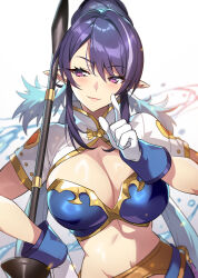 Rule 34 | 1girl, absurdres, blush, breasts, cleavage, commentary request, gloves, gradient background, gradient hair, hand up, highres, holding, judith (tales), large breasts, lips, long hair, midriff, multicolored hair, navel, pointy ears, polearm, purple eyes, purple hair, seductive smile, senri gan, shiny clothes, shiny skin, short sleeves, simple background, smile, solo, stomach, tales of (series), tales of vesperia, upper body, weapon, white gloves, white hair