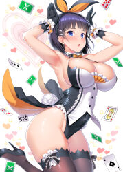 Rule 34 | 1girl, :o, alternate costume, animal ears, armpits, arms up, black hair, blue eyes, breasts, capelet, card, cleavage, commentary request, covered navel, detached collar, fake animal ears, gloves, hair ornament, hair ribbon, hairclip, heart, high heels, highres, jumping, kawase seiki, kirigaya suguha, knees together feet apart, large breasts, leotard, medium hair, neck ribbon, open mouth, playboy bunny, playing card, rabbit ears, rabbit girl, rabbit pose, rabbit tail, ribbon, shiny skin, solo, sparkle, sword art online, tail, thighhighs, thighs, white background