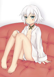 Rule 34 | 1girl, :t, arm support, bare legs, barefoot, belt, belt buckle, black belt, blush, breasts, buckle, closed mouth, collarbone, couch, facial scar, fate/grand order, fate (series), feiyyx, full body, grey background, grey eyes, hair between eyes, highres, jack the ripper (fate/apocrypha), long sleeves, looking at viewer, naked shirt, no bra, on couch, open clothes, open shirt, plantar flexion, pout, scar, scar across eye, scar on cheek, scar on face, shirt, short hair, silver hair, sitting, sleeves past wrists, small breasts, solo, white shirt