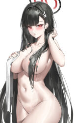 Rule 34 | 1girl, absurdres, areola slip, black hair, blue archive, blush, breasts, collarbone, groin, hair censor, halo, heart, heart-shaped pupils, highres, holding, holding towel, large breasts, long hair, navel, nude, open mouth, red eyes, rio (blue archive), samart, solo, stomach, symbol-shaped pupils, towel, very long hair, wet, wet hair, white background