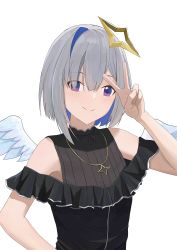 Rule 34 | 1girl, absurdres, amane kanata, amane kanata (work), angel wings, asymmetrical hair, black dress, blue hair, blue wings, bob cut, closed mouth, colored inner hair, commentary request, dress, feathered wings, gradient wings, grey hair, halo, highres, hololive, kumare yuki, looking at viewer, mini wings, multicolored hair, multicolored wings, pink hair, purple eyes, short hair, simple background, smile, solo, star halo, streaked hair, turtleneck, turtleneck dress, upper body, v, v over eye, virtual youtuber, white background, white wings, wings