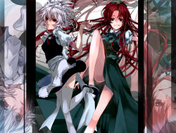 Rule 34 | 2girls, bad id, bad pixiv id, braid, embodiment of scarlet devil, female focus, garter straps, hong meiling, izayoi sakuya, legs, long hair, maid, maid headdress, manyako (mohumohu), multiple girls, red eyes, red hair, short hair, silver hair, thighhighs, touhou, twin braids, white thighhighs, zoom layer