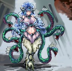 Rule 34 | 1girl, :p, alternate costume, alternate hairstyle, blue hair, breasts, chimera, chimera (monster girl encyclopedia), collarbone, commentary request, heterochromia, highres, hooves, horns, large breasts, looking at viewer, monster girl, monster girl encyclopedia, revealing clothes, slime (substance), snake, solo, standing, tongue, tongue out, udetamago