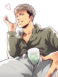 Rule 34 | 1boy, brown hair, collarbone, cup, grin, hand on own thigh, heart, jean kirstein, long sleeves, looking at viewer, male focus, multicolored hair, phallic symbol, seductive smile, sexually suggestive, shingeki no kyojin, simple background, smile, solo, spread legs, two-tone hair, undercut, white background, yuuki ichitaka