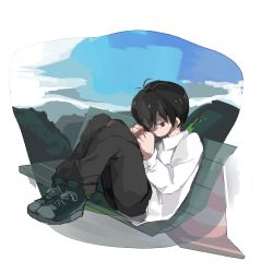 Rule 34 | 1boy, akataripushi, artist request, bench, black hair, full body, hair over one eye, looking at viewer, lowres, male focus, naoto (akataripushi), pants, reclining, shirt, solo