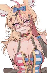 Rule 34 | 1girl, ahoge, animal ear fluff, animal ears, bare shoulders, blonde hair, bow, breasts, cleavage, commentary request, fox ears, glasses, gloves, hair bow, hair ornament, highres, hololive, kakult2017, large breasts, long hair, looking at viewer, multicolored hair, omaru polka, omaru polka (1st costume), parted lips, pink eyes, red gloves, semi-rimless eyewear, simple background, smile, solo, streaked hair, virtual youtuber, white background