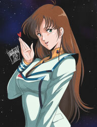 Rule 34 | 1980s (style), 1girl, 2023, blowing kiss, brown hair, commentary, danmakuman, dated, english commentary, hayase misa, highres, long hair, macross, macross: do you remember love?, military, military uniform, oldschool, radio, retro artstyle, science fiction, signature, space, star (symbol), starry background, uniform