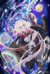 Rule 34 | 2girls, artist request, bandages, blue eyes, boots, cape, earrings, gloves, glowing, glowing eyes, honkai (series), honkai impact 3rd, jacket, jewelry, lantern (honkai impact), multicolored hair, multiple girls, necktie, no pants, pantyhose, shirt, tagme, torn clothes, white shirt