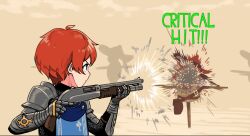 Rule 34 | 1girl, armor, bag, blue eyes, brown background, chainmail, commentary, english commentary, english text, firing, from behind, from side, gameplay mechanics, gauntlets, gun, hands up, hat, holding, holding weapon, kurisuu101, original, red hair, satchel, short hair, shotgun, shoulder armor, solo, target, target practice, team fortress 2, v-shaped eyebrows, weapon, witch hat