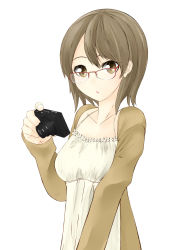 Rule 34 | 1girl, :o, bad id, bad pixiv id, brown eyes, brown hair, camera, collarbone, dress, glasses, highres, looking at viewer, nekobaka, open mouth, original, red-framed eyewear, short hair, simple background, solo, sundress, upper body, white background