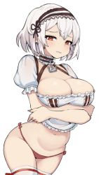 Rule 34 | 1girl, anchor symbol, arms under breasts, azur lane, blush, breast hold, breast lift, breasts, cleavage, cowboy shot, crossed arms, hairband, large breasts, lifted by self, lolita hairband, nago purin, navel, no pants, panties, parted lips, red eyes, red panties, short hair, simple background, sirius (azur lane), solo, string panties, thighhighs, underwear, white background, white hair, white thighhighs