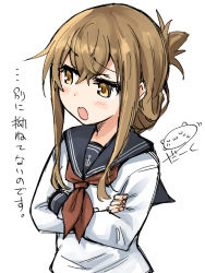 Rule 34 | 1girl, anchor symbol, black sailor collar, brown hair, commentary request, crossed arms, darkside, folded ponytail, inazuma (kancolle), kantai collection, long hair, long sleeves, looking to the side, neckerchief, red neckerchief, sailor collar, school uniform, serafuku, simple background, solo, translation request, upper body, white background