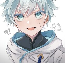 Rule 34 | !?, 1boy, artist name, blue eyes, blue hair, child, chinese clothes, chongyun (genshin impact), close-up, commentary, genshin impact, highres, hood, hoodie, light blue hair, looking at viewer, male focus, open mouth, romurusu owl, short hair, simple background, solo, symbol-only commentary, upper body, white hoodie