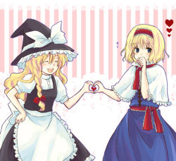Rule 34 | 2girls, alice margatroid, blonde hair, covering own mouth, female focus, hand over own mouth, hat, heart, heart hands, heart hands duo, heart in heart hands, kirisame marisa, long hair, multiple girls, ribbon, sarukimo, short hair, smile, touhou