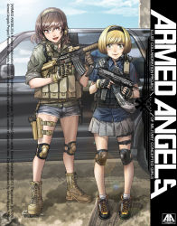 Rule 34 | 2girls, ammunition pouch, armed angels, assault rifle, battle rifle, blonde hair, body armor, boots, brown eyes, brown hair, camouflage, combat boots, cover, cover page, english text, glock, gloves, gun, h&amp;k hk416, h&amp;k mp7, handgun, hat, headset, heckler &amp; koch, knee pads, kws, lens flare, load bearing vest, looking at viewer, machine pistol, military, military uniform, multiple girls, original, personal defense weapon, pleated skirt, pouch, rifle, short hair, shorts, skirt, submachine gun, trigger discipline, uniform, weapon, yellow eyes