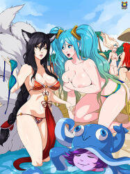 Rule 34 | 5girls, ahri (league of legends), animal ears, areola slip, ass, bikini, bikini bottom only, black hair, blonde hair, blue eyes, blue hair, breasts, cleavage, closed eyes, colored skin, covering privates, covering breasts, curvy, facial mark, fox ears, fox girl, fox tail, grabbing own breast, hand on own chest, highres, huge ass, janna (league of legends), katarina (league of legends), kitsune, kneeling, kyoffie, large breasts, league of legends, long hair, looking at another, lulu (league of legends), multiple girls, open mouth, pool, purple hair, purple skin, red hair, sona (league of legends), standing, surprised, swimsuit, tail, whisker markings, yellow eyes, yordle