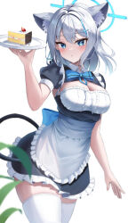 Rule 34 | 1girl, absurdres, alternate costume, animal ears, apron, arm up, black skirt, blue archive, blue bow, blue bowtie, blue eyes, blush, bow, bowtie, breasts, cake, cake slice, cleavage, collared shirt, cowboy shot, cross hair ornament, enmaided, eyelashes, food, grey hair, hair ornament, halo, highres, holding, holding plate, large breasts, li se, looking at viewer, maid, maid apron, medium hair, open mouth, plate, pleated skirt, shiroko (blue archive), shirt, short sleeves, simple background, skirt, solo, tail, thighhighs, white apron, white background, white thighhighs, wolf ears, wolf girl