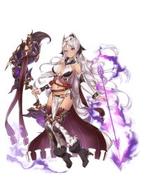 Rule 34 | 1girl, arrow (projectile), asherah (sennen sensou aigis), boots, bow (weapon), breasts, cleavage, detached sleeves, floating hair, full body, holding, holding bow (weapon), holding weapon, long hair, navel, official art, pelvic curtain, purple eyes, sennen sensou aigis, solo, thigh boots, thighhighs, transparent background, weapon, white hair, yaman (yamanta lov)