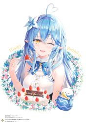 Rule 34 | 1girl, absurdres, ahoge, bare shoulders, birthday cake, blue hair, bow, breasts, cake, character name, daifuku (yukihana lamy), fingernails, flower, food, fruit, hair ornament, half updo, highres, holding, hololive, long hair, looking at viewer, medium breasts, one eye closed, open mouth, page number, pointy ears, rin yuu, scan, simple background, solo, spoon, strawberry, upper body, virtual youtuber, white background, yellow eyes, yukihana lamy