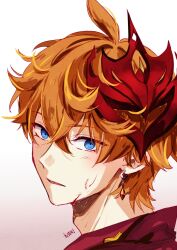 Rule 34 | 1boy, blood, blood on face, blue eyes, earrings, genshin impact, heeparang, highres, jewelry, looking at viewer, male focus, mask, mask on head, orange hair, portrait, red mask, red shirt, scratches, shirt, short hair, simple background, solo, tartaglia (genshin impact)