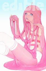 Rule 34 | 1girl, adventure time, cartoon network, colored skin, hair in own mouth, looking at viewer, m-i-q, monster girl, nail polish, pink skin, princess bonnibel bubblegum, short shorts, shorts, sitting, slime girl, solo, thighhighs, tiara