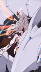 Rule 34 | 1girl, bare shoulders, benares (honkai impact), black gloves, blurry, blurry foreground, butt crack, closed mouth, dragon, elbow gloves, gloves, hair ornament, highres, honkai (series), honkai impact 3rd, kiana kaslana, kiana kaslana (herrscher of the void), looking at viewer, looking back, s-mui, solo, white hair, wings, yellow eyes