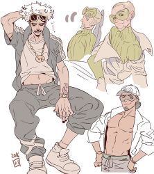 Rule 34 | 2016, 3boys, bad id, bad twitter id, black hair, blonde hair, chain, chain necklace, character sheet, creatures (company), dark-skinned male, dark skin, eyewear on head, faba (pokemon), flat color, game freak, glasses, gold chain, green shirt, guzma (pokemon), hands on own hips, hat, jewelry, kanataria, kukui (pokemon), lab coat, looking at viewer, male focus, multiple boys, navel, necklace, nintendo, one eye closed, pants, pokemon, pokemon sm, shirt, short hair, simple background, smile, sunglasses, sweatpants, team skull, tongue, tongue out, turtleneck, watch, white background, white hair, white shirt