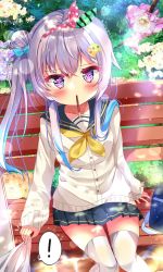 Rule 34 | !, 1girl, airani iofifteen, alternate costume, bench, blush, commentary, flower, food, food in mouth, fujiwarahatsune, headband, highres, hololive, hololive indonesia, pocky, purple eyes, purple hair, school uniform, sitting, solo focus, covering with blanket, virtual youtuber